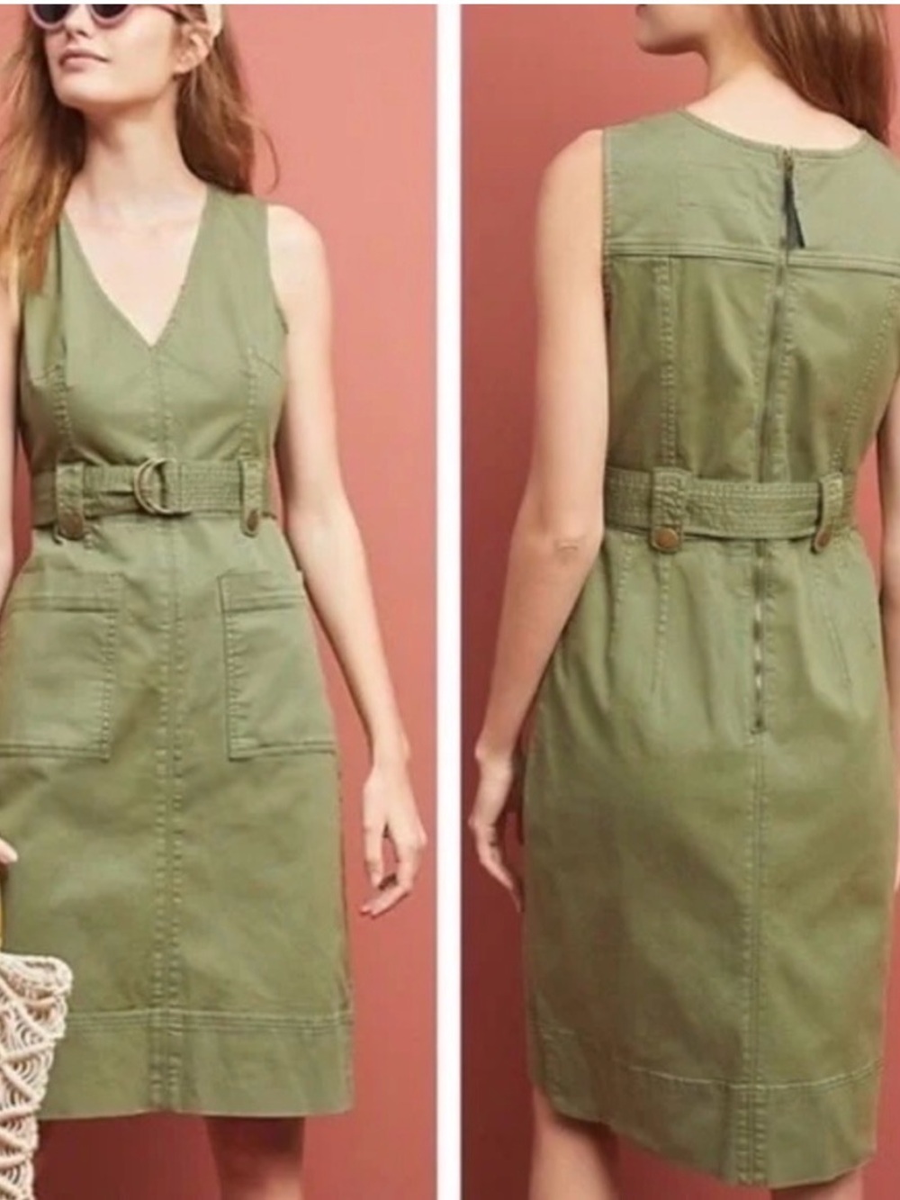 Maeve Olive Green Utility Midi Dress with Belt